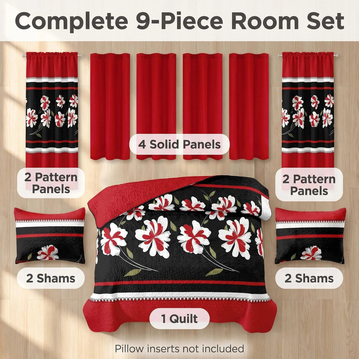 Nine included pieces: one bedspread, two pillow shams and six curtain panels — click image to close