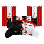 Red Rose Two-Tone Bedspread & Curtain Set – 9 Pieces