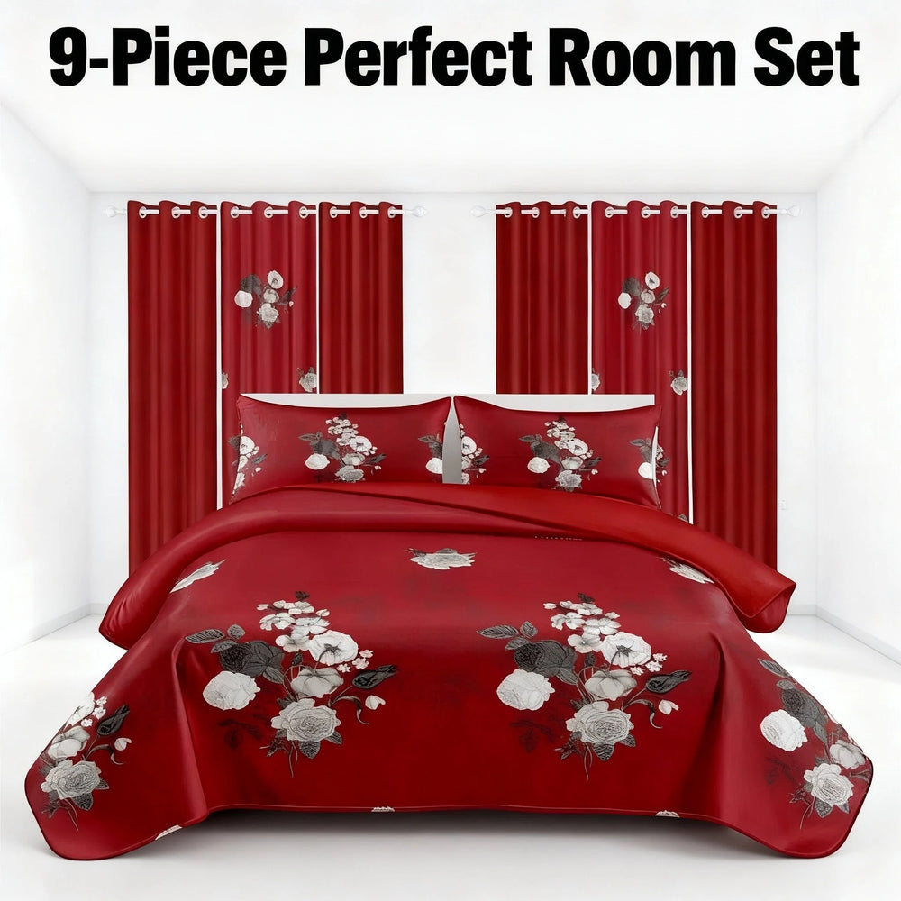 Nine included pieces: one bedspread, two pillow shams and six curtain panels