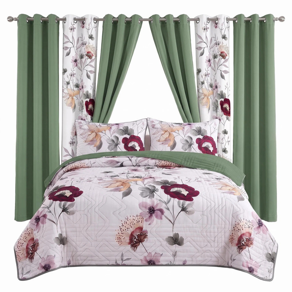 Sage Green Floral Bedspread & Curtain Set – 9 Pieces