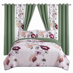 Sage Green Floral Bedspread & Curtain Set – 9 Pieces