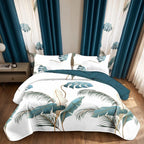 Teal Botanical bedspread and curtain set - coordinated bedroom