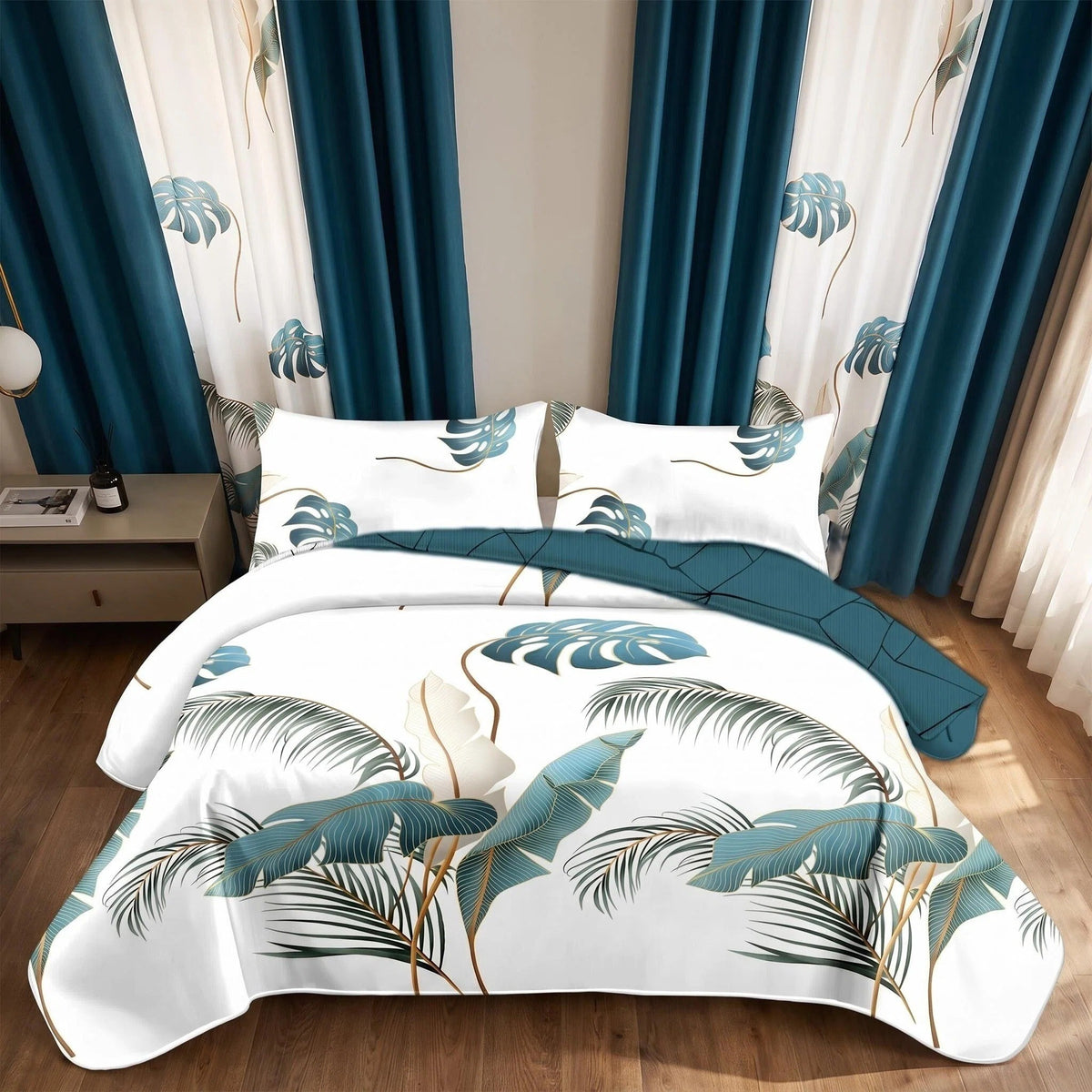 Teal Botanical bedspread and curtain set - coordinated bedroom