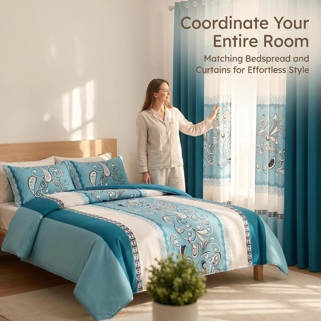 Turquoise Paisley Bedspread & Curtain Set – 9 Pieces
