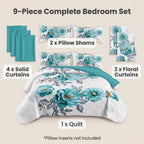 White & Blue Gem Floral Bedspread & Curtain Set – 9 Pieces