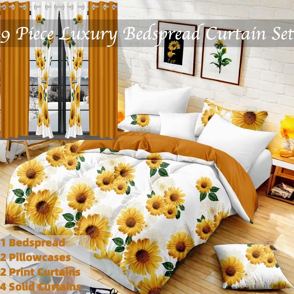 Yellow Daisy bedspread and curtain set - nine-piece set contents