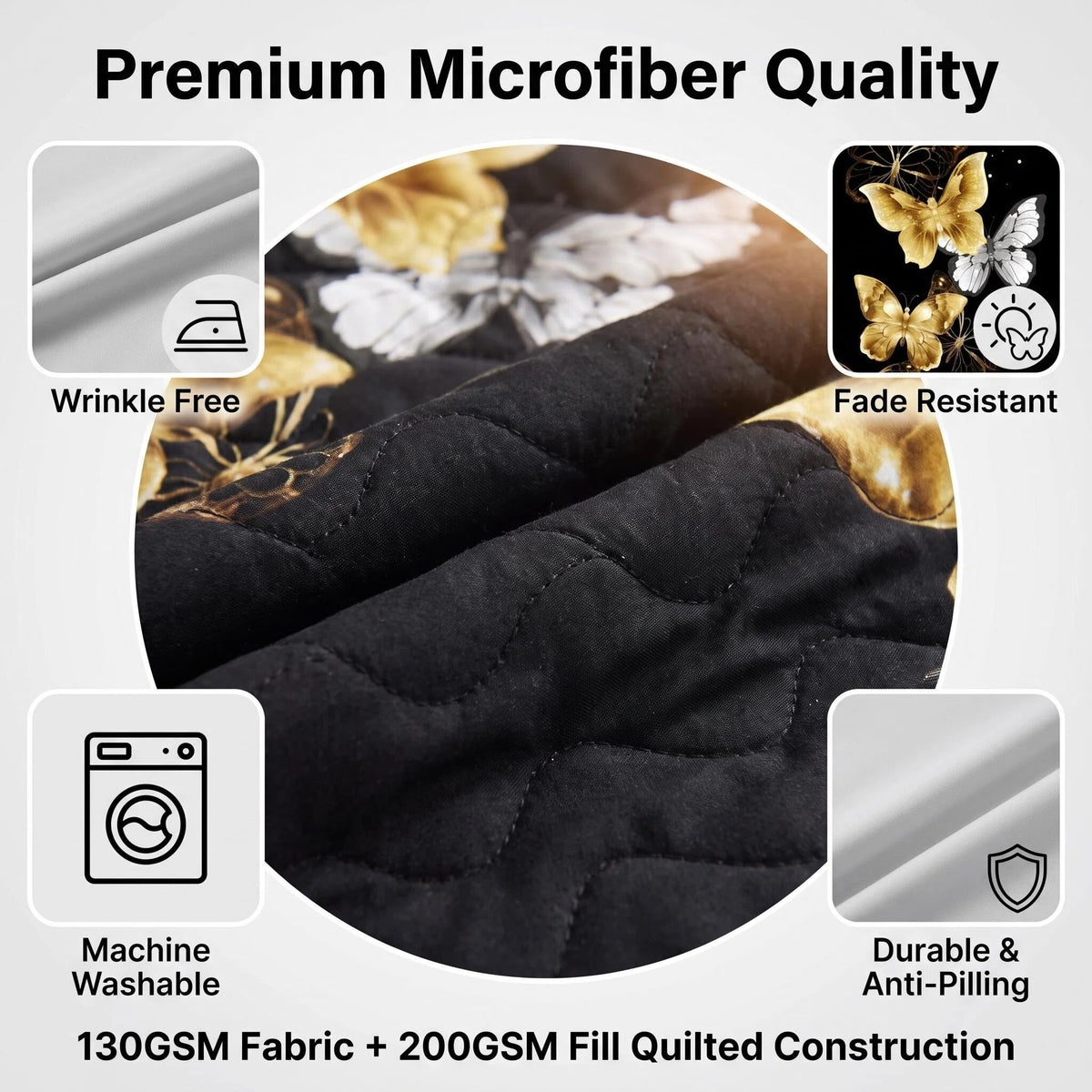 Black & Gold Butterfly Bedspread & Curtain Set – 9 Pieces