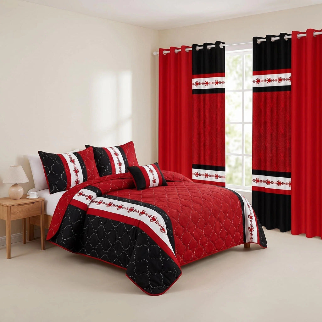 Black & Red Bohemian bedspread and curtain set - coordinated bedroom