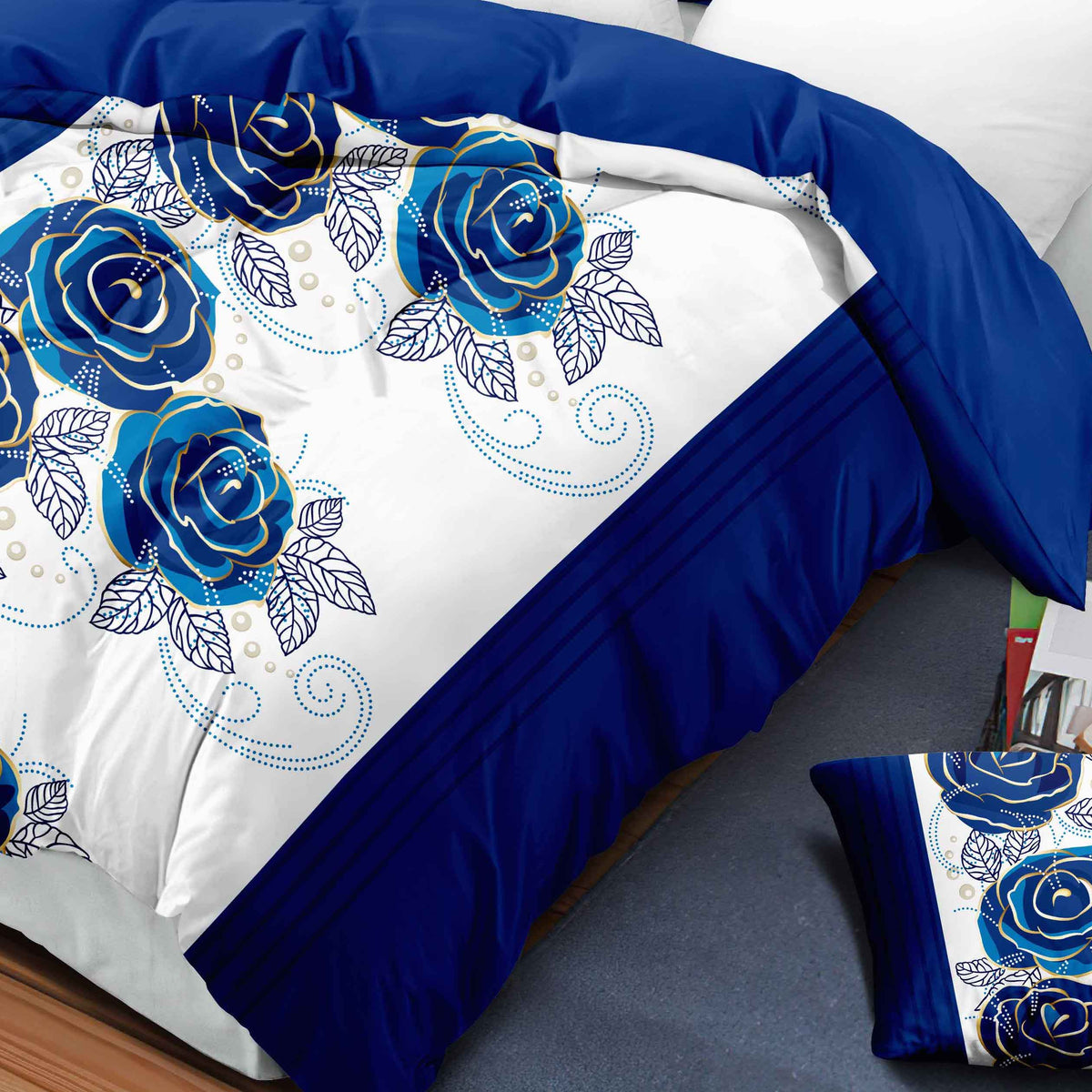 Royal Blue Rose Bedspread & Curtain Set – 9 Pieces