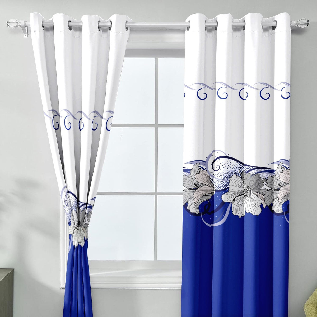 Blue & White Lotus bedspread and curtain set - curtain view