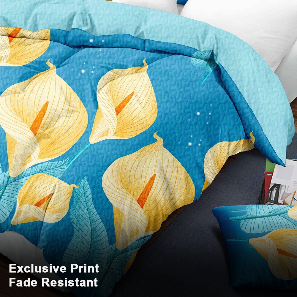 Blue & Yellow Floral bedspread and curtain set - bedspread fabric and quilting detail