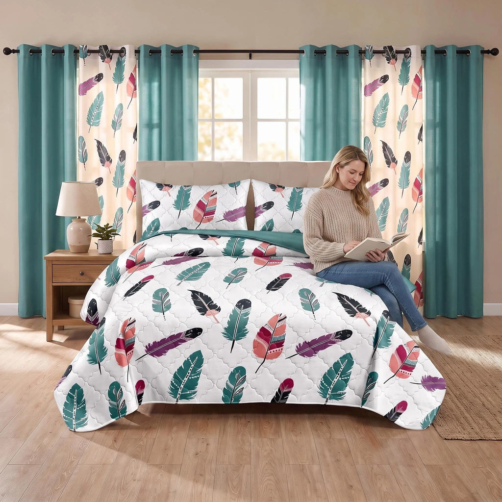 Boho Feather Bedspread & Curtain Set – 9 Pieces