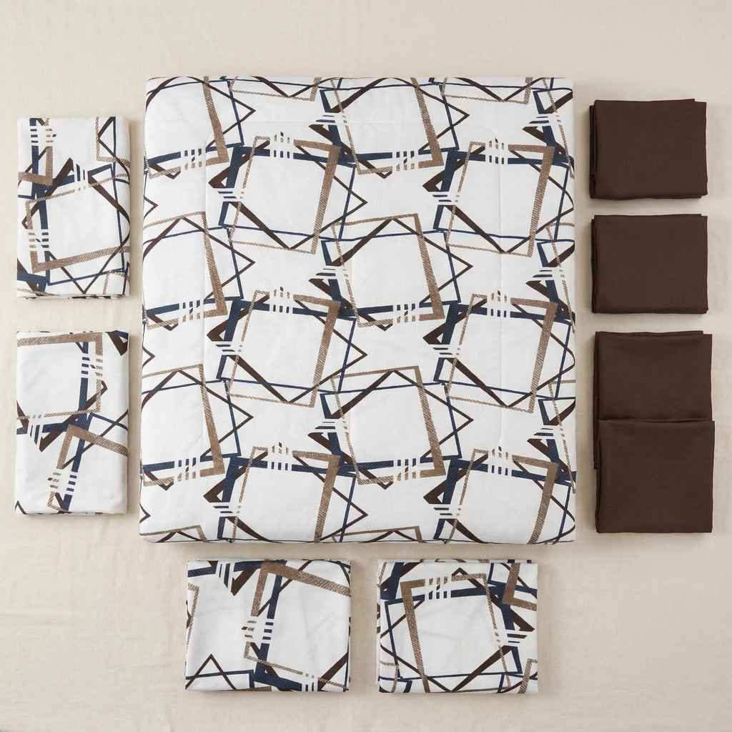 Brown Geometric bedspread and curtain set - coordinated bedroom