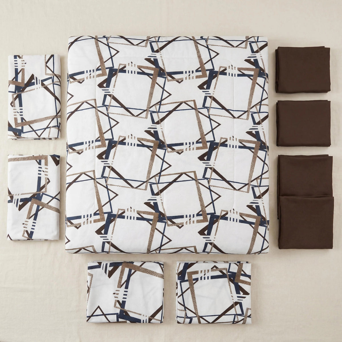 Brown Geometric bedspread and curtain set - coordinated bedroom