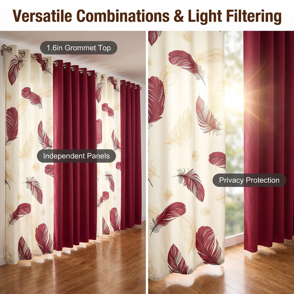 Burgundy & Gold Feather Bedspread & Curtain Set – 9 Pieces