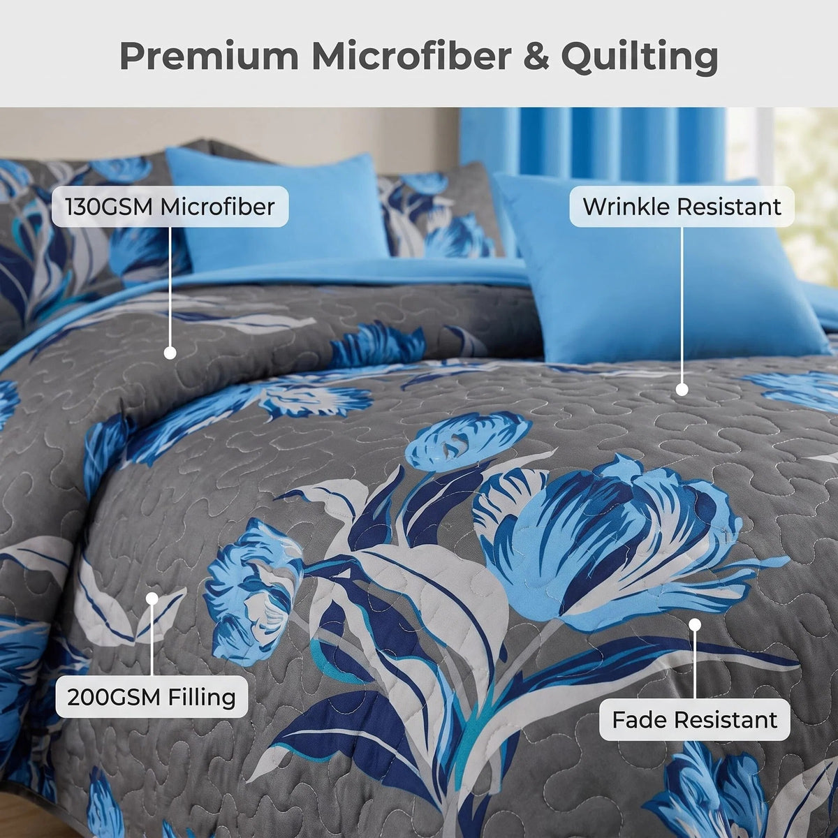 Charcoal & Blue Floral Bedspread & Curtain Set – 9 Pieces