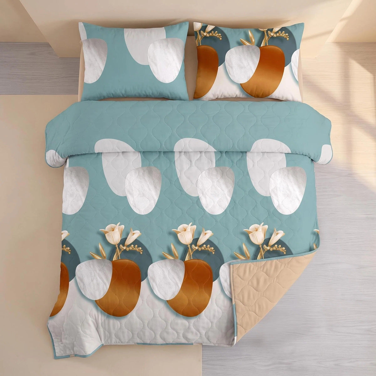 Green Geometric Circle bedspread and curtain set - coordinated bedroom