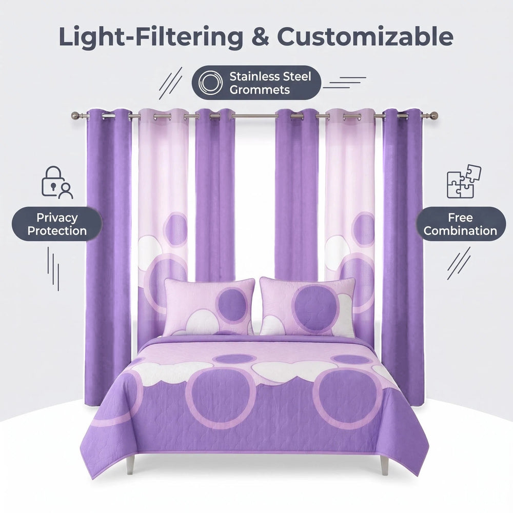 Four solid and two printed light-filtering curtain panels hung together on a rod