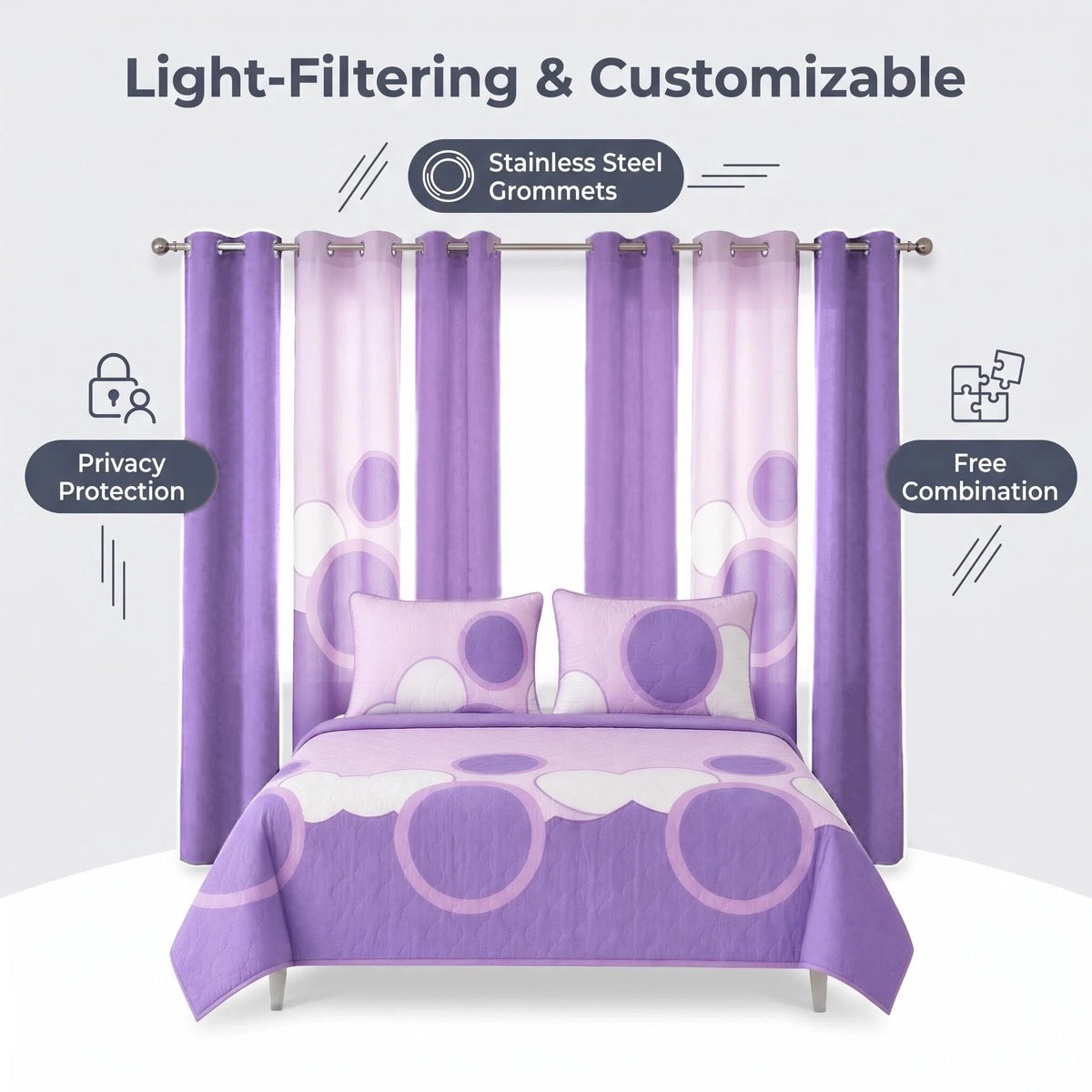 Lavender Geometric Circle Bedspread & Curtain Set – 9 Pieces