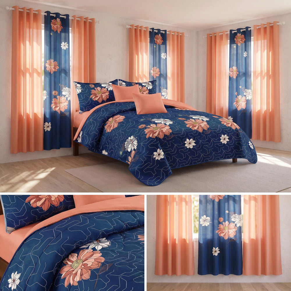 Four solid and two printed light-filtering curtain panels hung together on a rod
