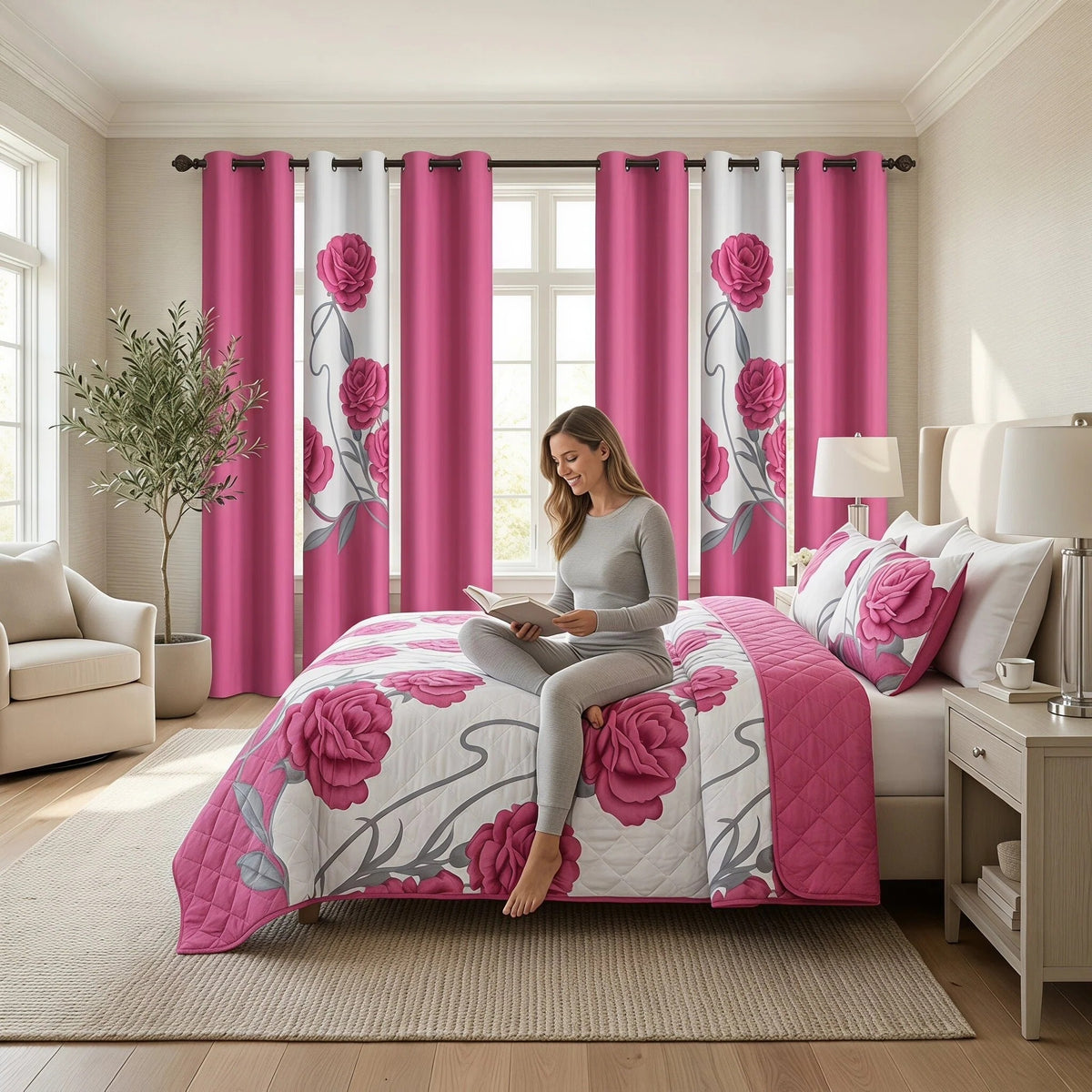 Pink Rose Bedspread & Curtain Set – 9 Pieces
