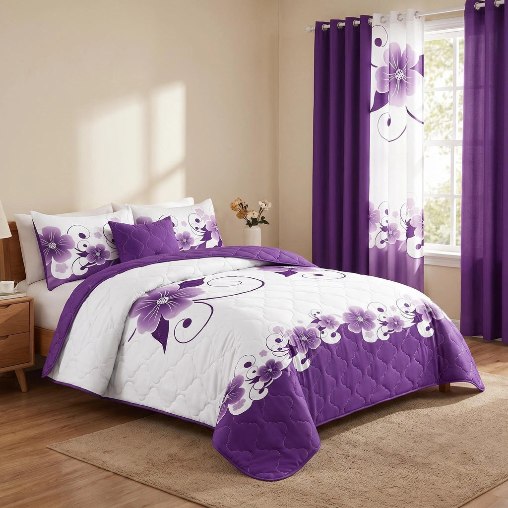 Purple Gardenia Bedspread & Curtain Set – 9 Pieces