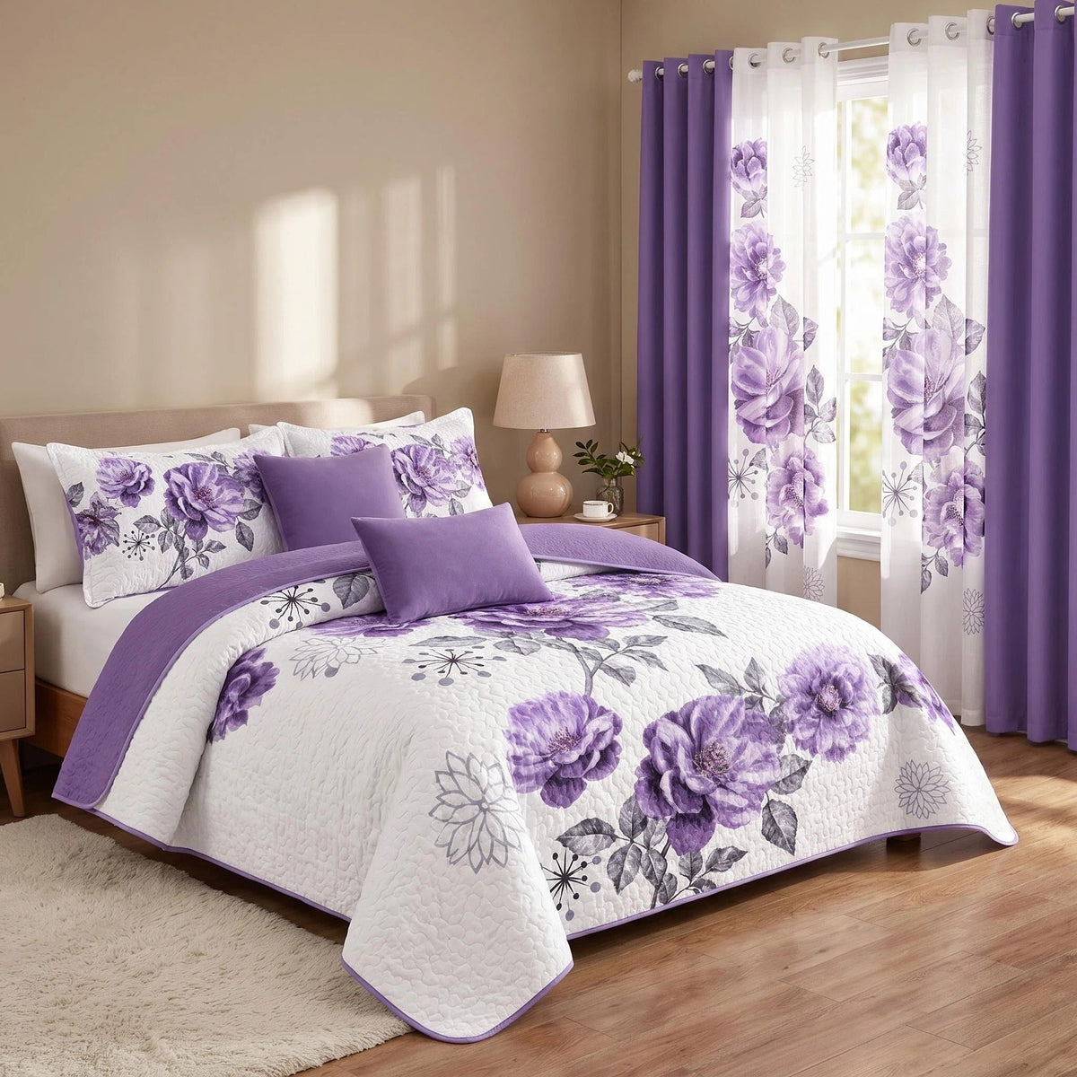 Purple Gem Floral bedspread and curtain set - bedroom scene