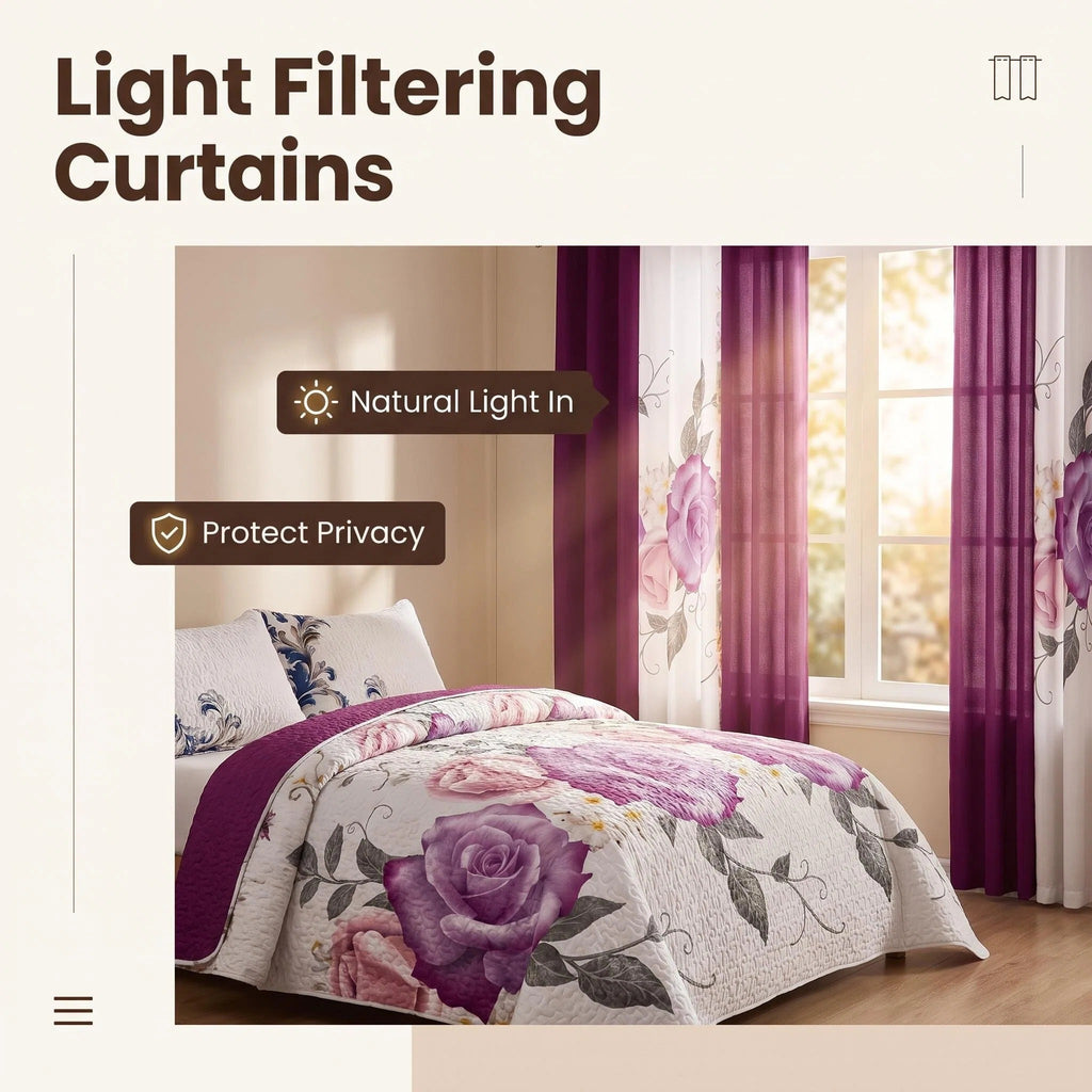 Purple Rose Floral Bedspread & Curtain Set – 9 Pieces