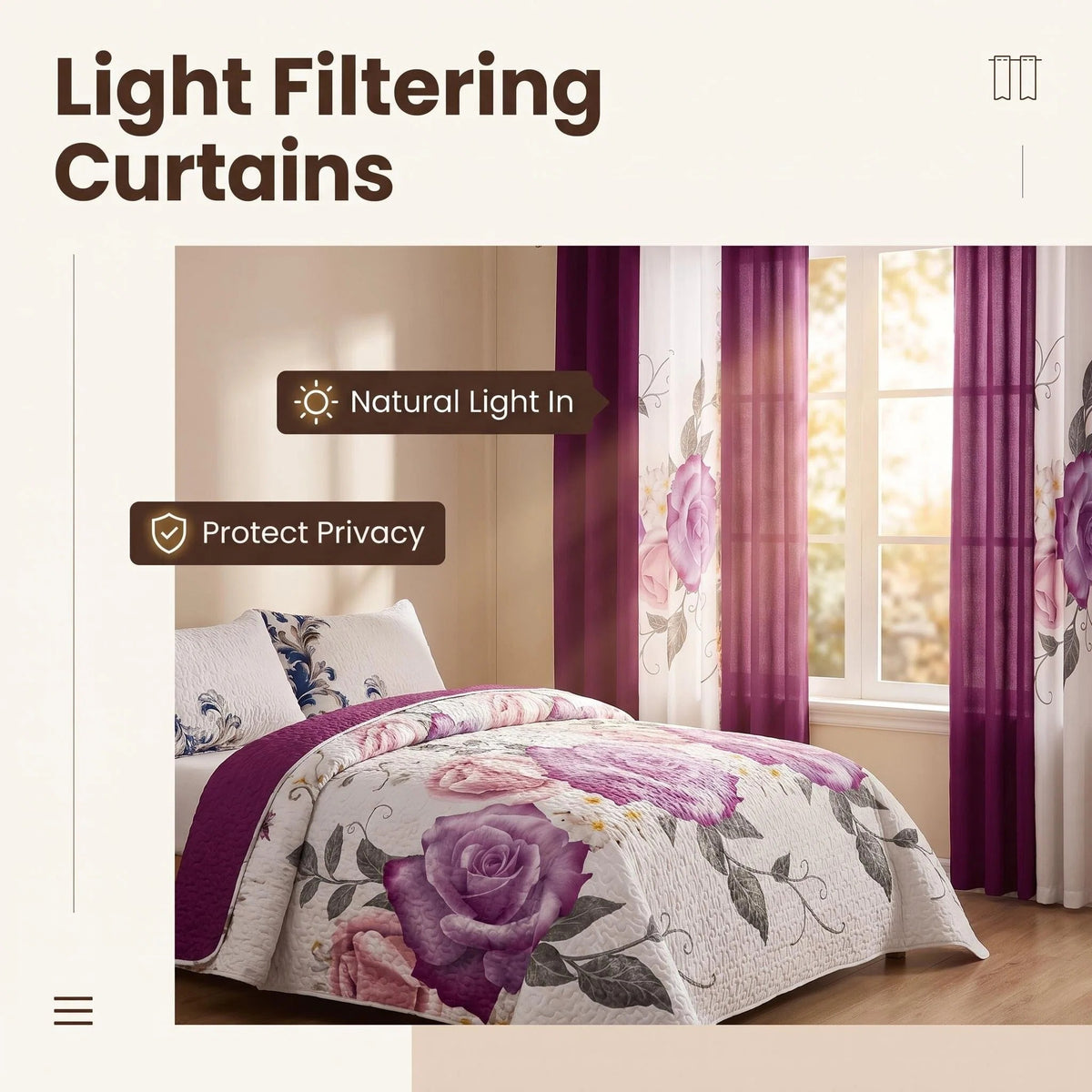 Purple Rose Floral Bedspread & Curtain Set – 9 Pieces