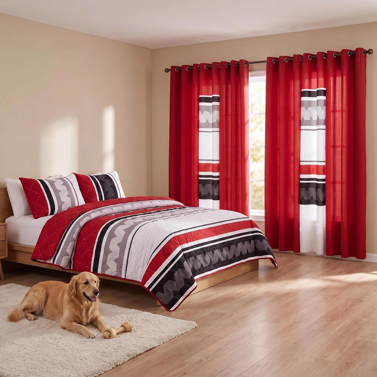 Red & Black Geometric Chevron bedspread and curtain set - coordinated bedroom