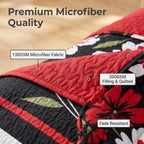 Red & Black Floral bedspread and curtain set - bedspread fabric and quilting detail