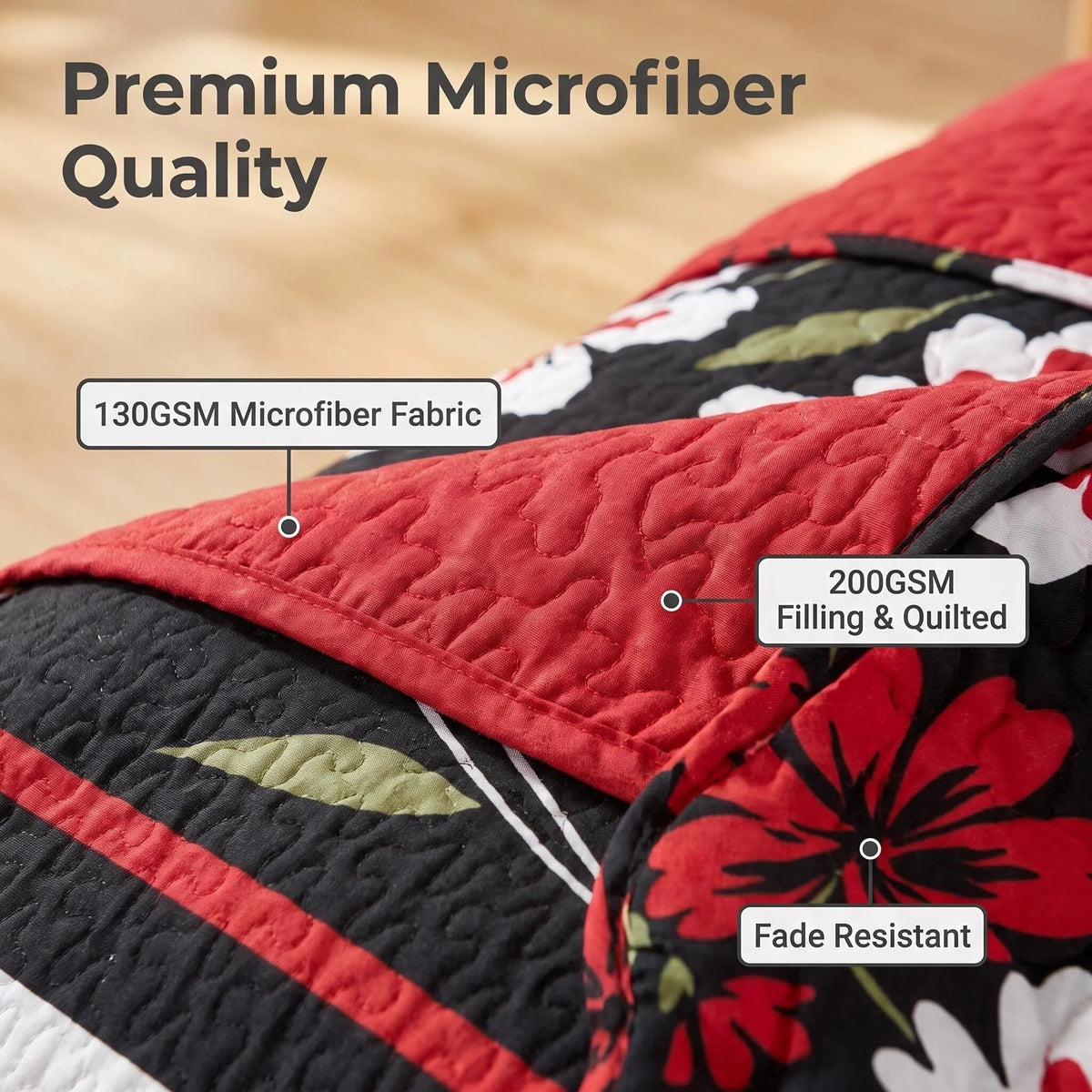 Bedspread close-up showing 130 GSM microfiber fabric, 200 GSM filling and quilted stitching