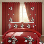 Red & White Floral Bedspread & Curtain Set – 9 Pieces