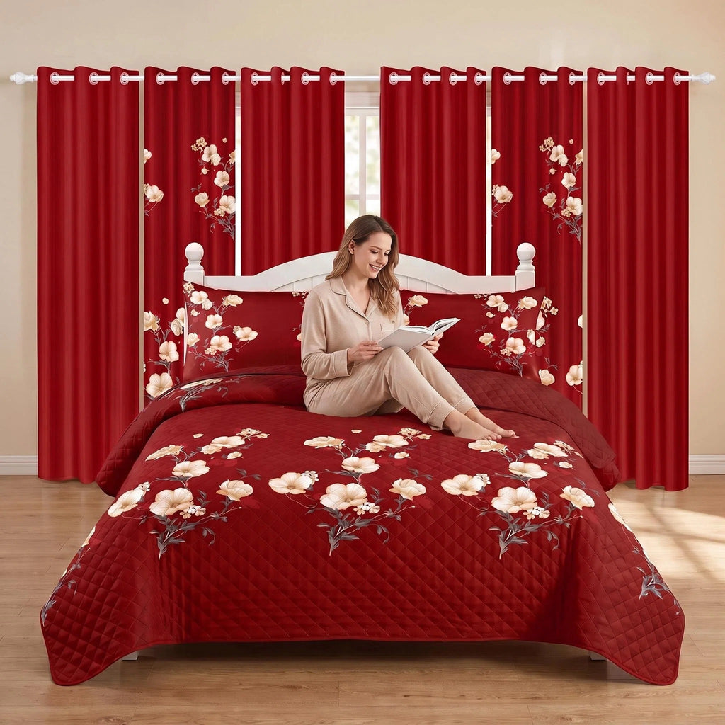 Red & Yellow Floral Bedspread & Curtain Set – 9 Pieces