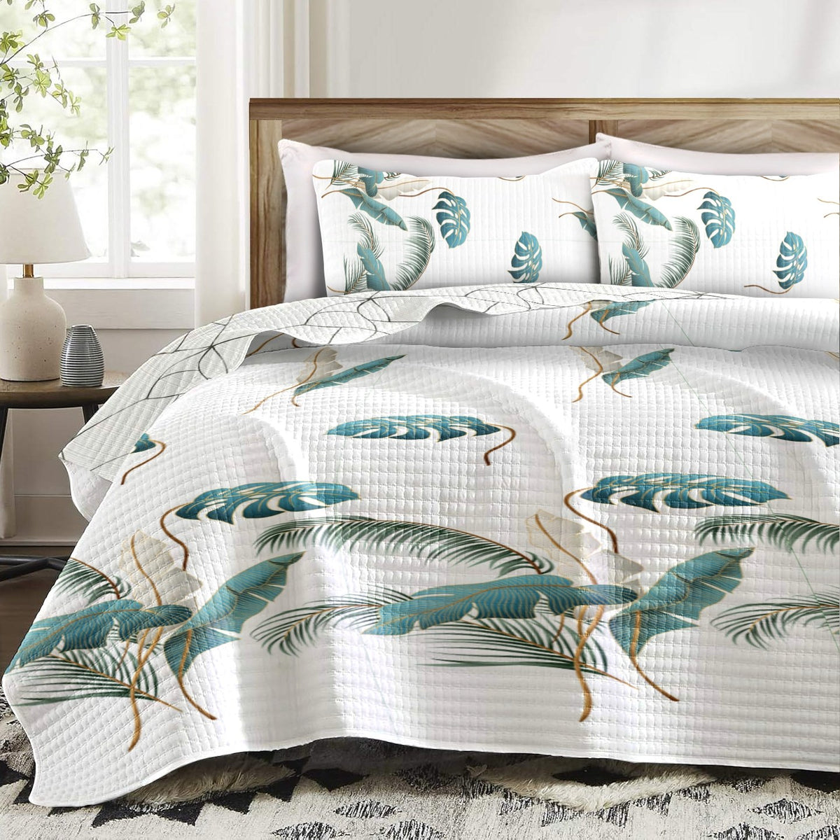 Teal Botanical bedspread and curtain set - coordinated bedroom