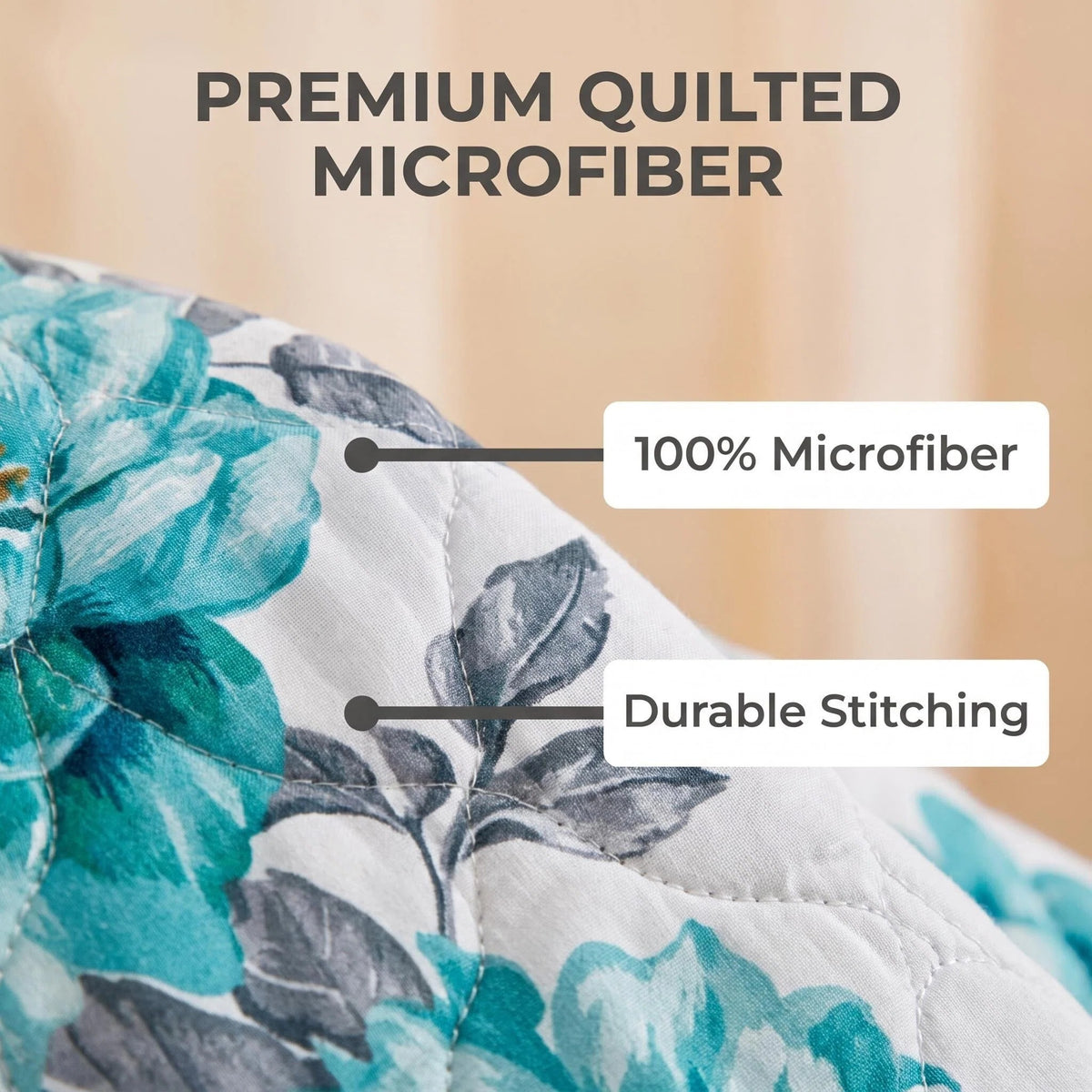 Bedspread close-up showing 130 GSM microfiber fabric, 200 GSM filling and quilted stitching