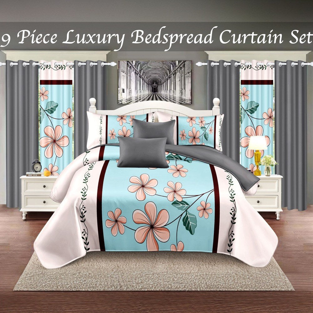 Aqua & Pink Floral bedspread and curtain set - bedspread and curtain arrangement