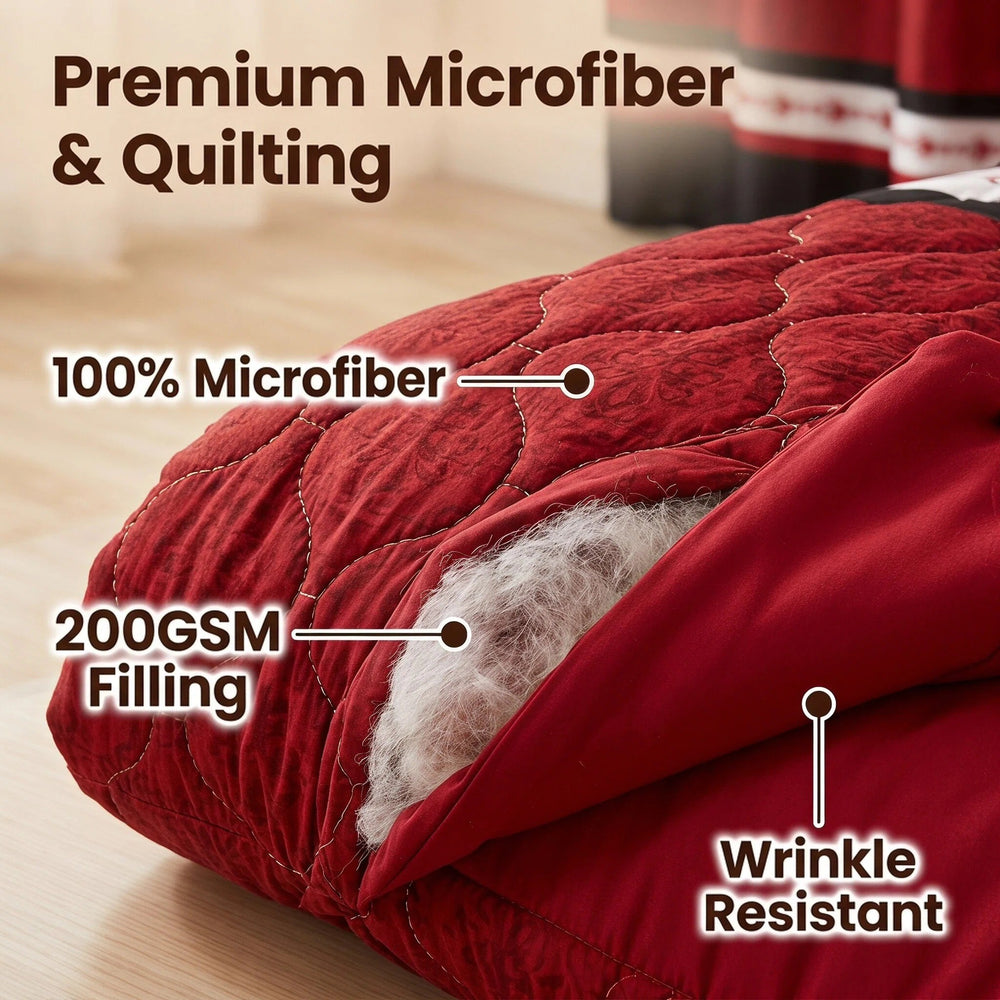 Bedspread close-up showing 130 GSM microfiber fabric, 200 GSM filling and quilted stitching