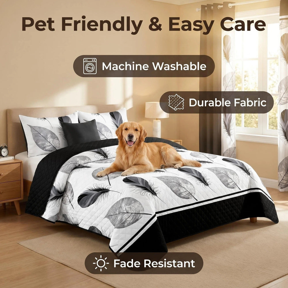 Dog resting on the coordinated bedspread, illustrating pet-friendly fabric and reduced hair cling
