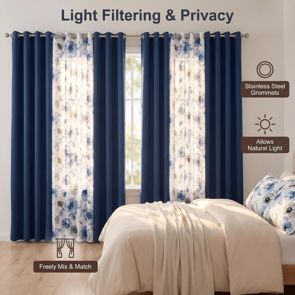 Blue & Gray Floral bedspread and curtain set - light filtering curtains