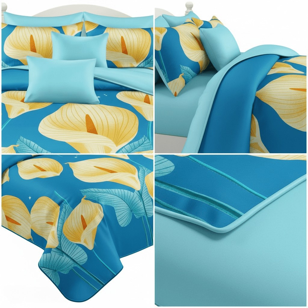 Blue & Yellow Floral bedspread and curtain set - coordinated bedroom