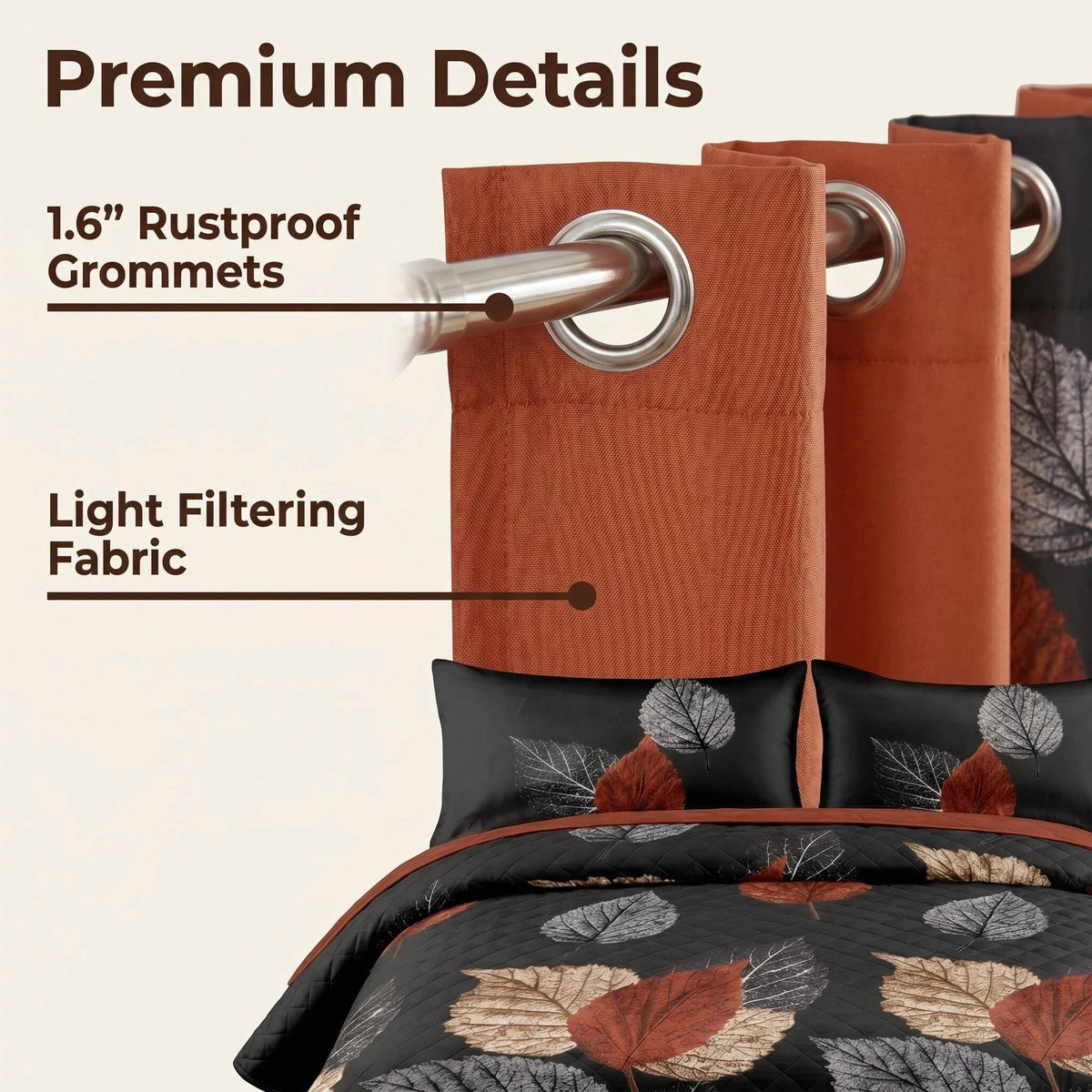 Brown & Black Leaf bedspread and curtain set - coordinated bedroom