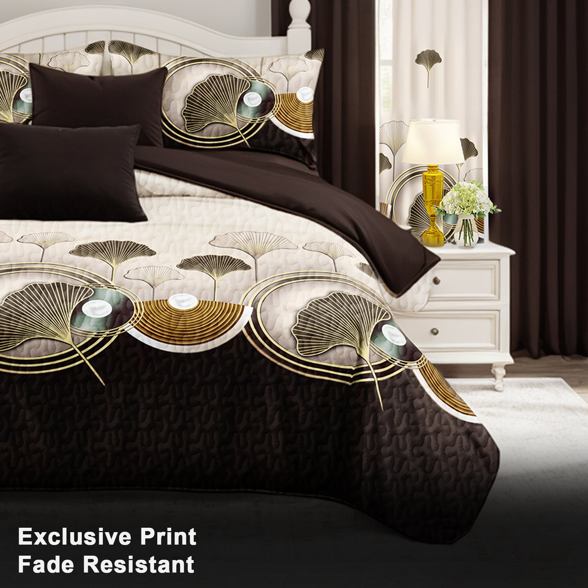 Brown Ginkgo Leaf Bedspread & Curtain Set – 9 Pieces
