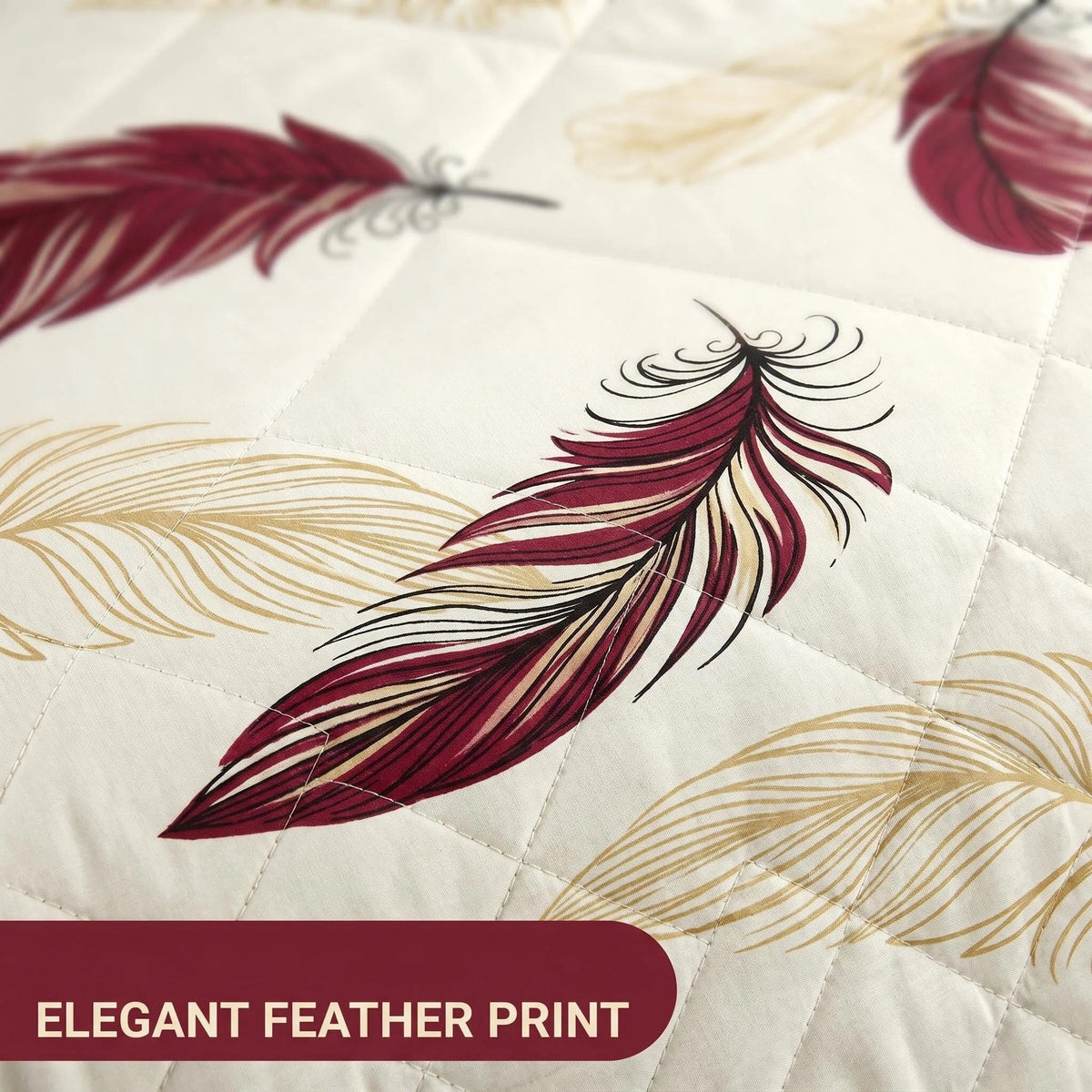 Bedspread close-up showing 130 GSM microfiber fabric, 200 GSM filling and quilted stitching