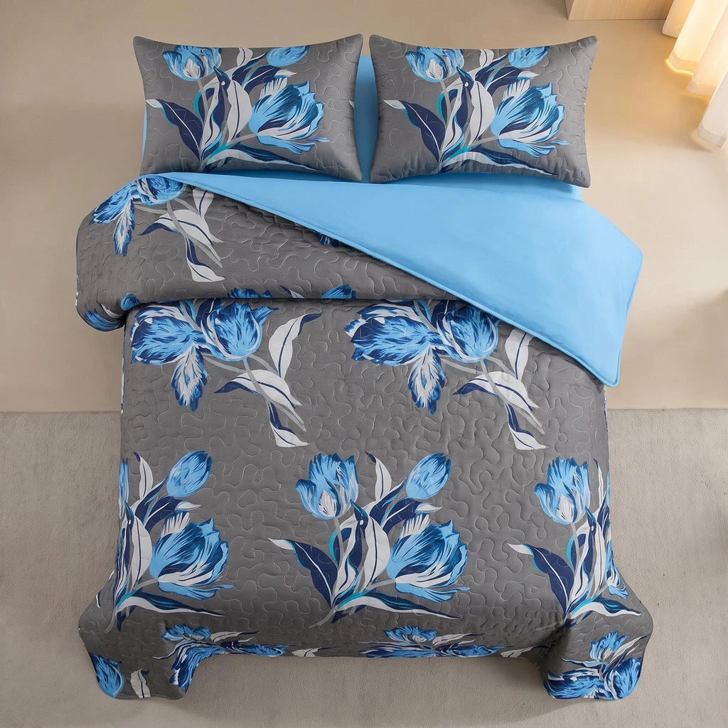 Charcoal & Blue Floral Bedspread & Curtain Set – 9 Pieces