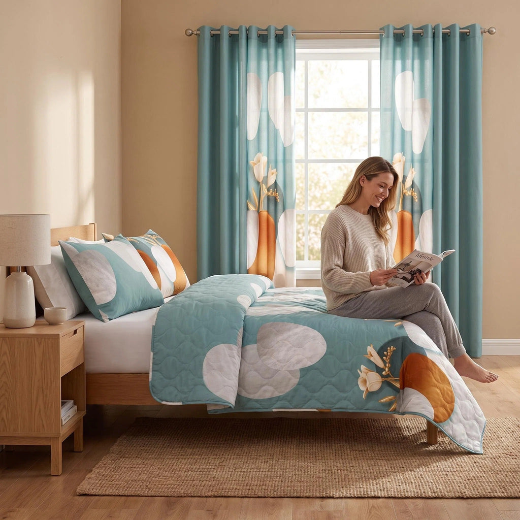 Green Geometric Circle bedspread and curtain set - coordinated bedroom