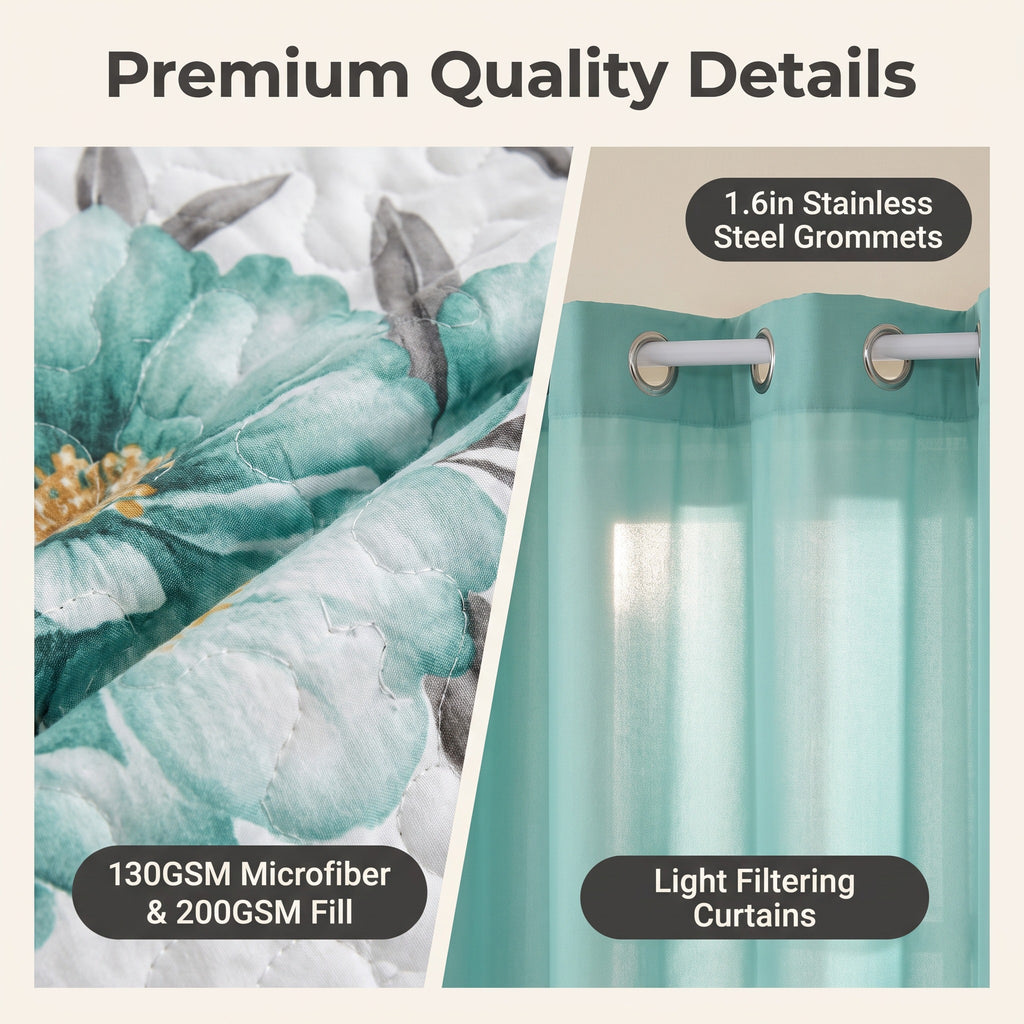 Green Rose Bedspread & Curtain Set – 9 Pieces