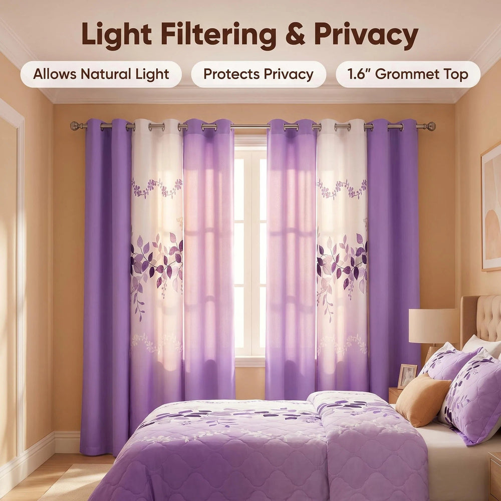 Four solid and two printed light-filtering curtain panels hung together on a rod
