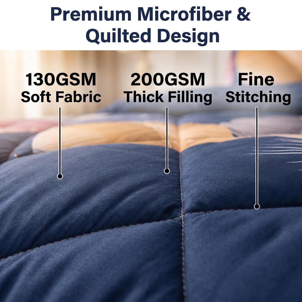 Navy Feather bedspread and curtain set - bedspread fabric and quilting detail