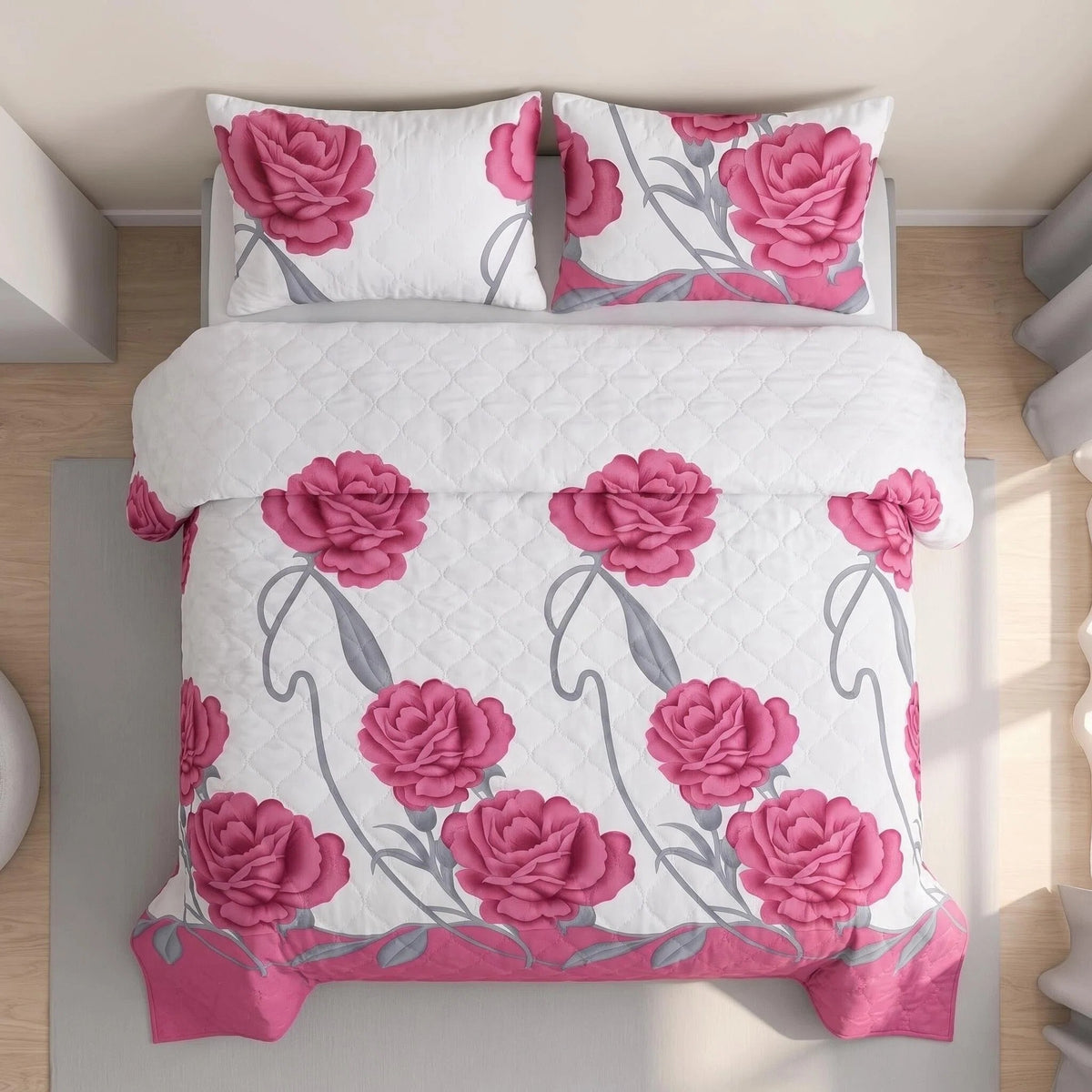 Pink Rose Bedspread & Curtain Set – 9 Pieces